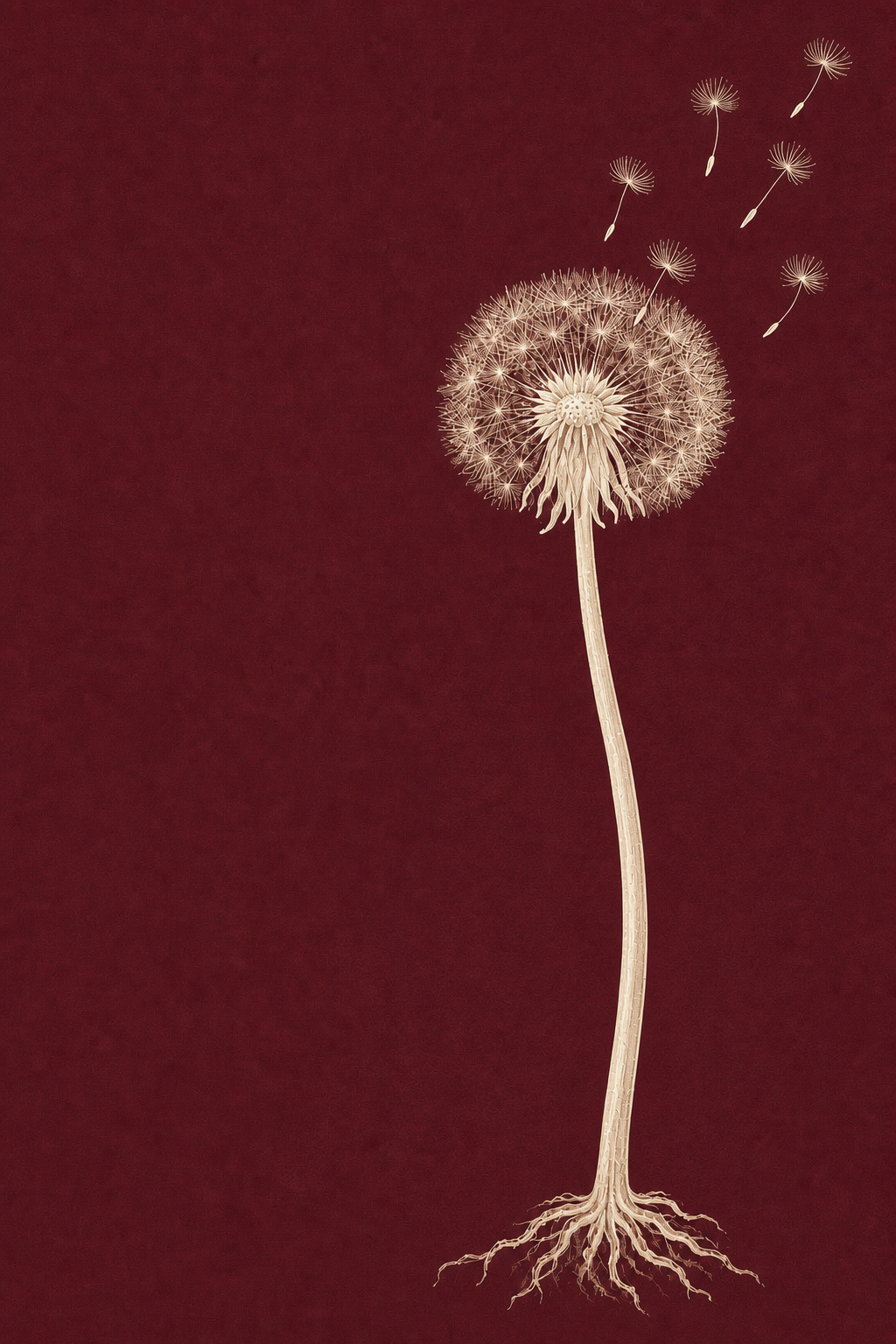 A dandelion with deep roots and seeds drifting upward